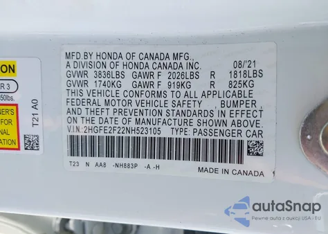 2022 Honda Civic Lx z USA, uszkodzony, nr VIN 2HGFE2F22NH523105